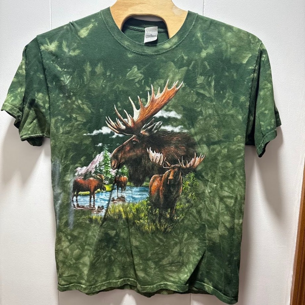 Gildan Ultra Cotton Mens XL Green Tie Dye Moose Nature Graphic T-Shirt Wildlife